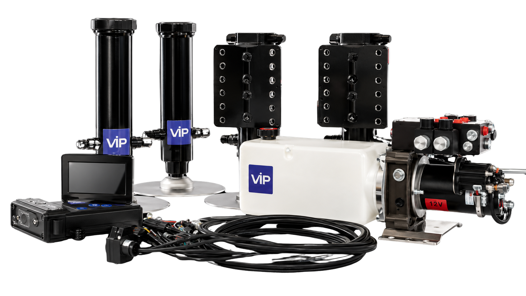 Complete V.I.P. hydraulic levelling system with cylinders, controller, reservoir and 12V pump