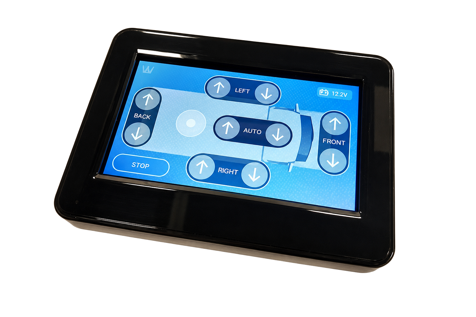 Touchscreen controller with blue interface and directional buttons